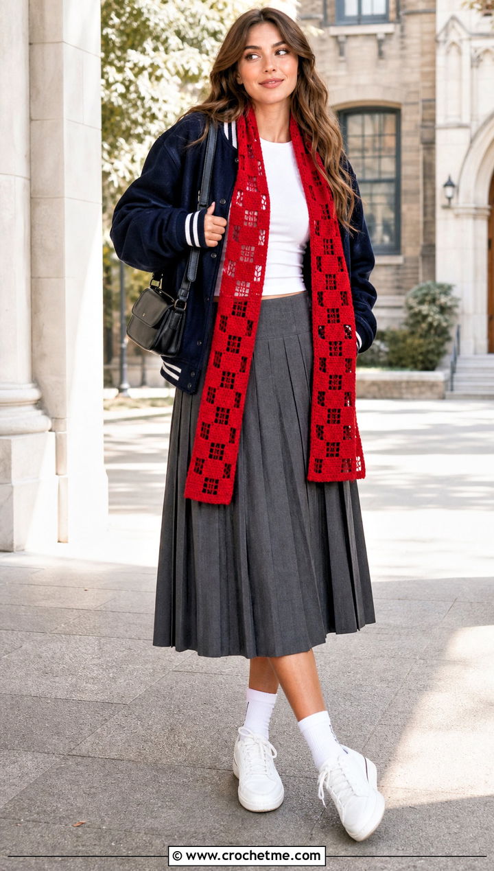 Checkerboard Filet Crochet Scarf With A Varsity Jacket - 35 filet crochet scarf outfit ideas