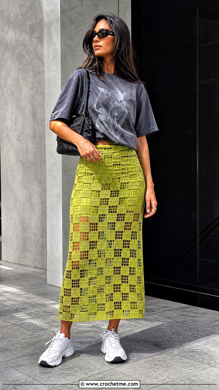 Checkerboard Filet Crochet Skirt With Graphic T Shirt - 35 Filet Crochet Skirt outfit ideas