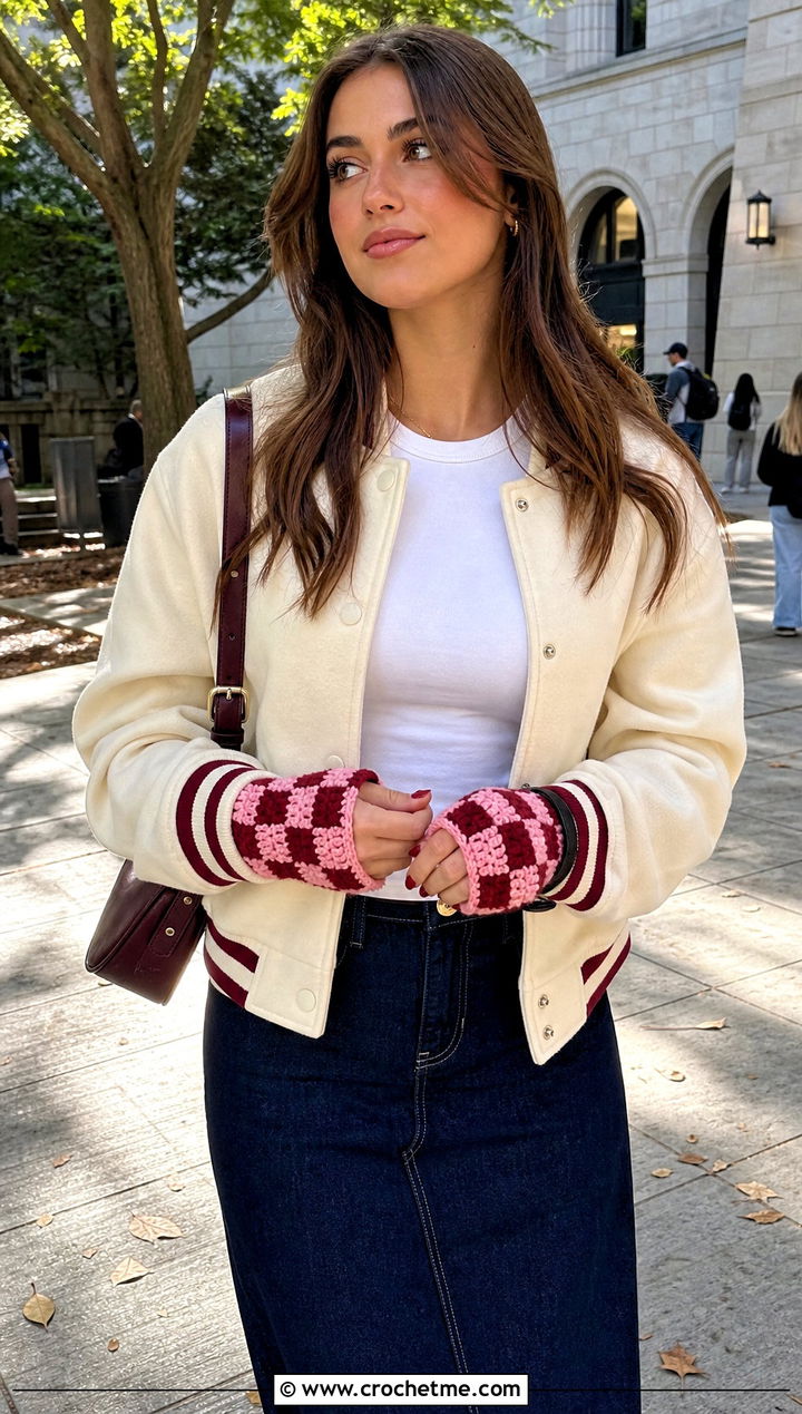 Checkerboard Fingerless Gloves With Varsity Jacket And Denim Skirt - 30 crocheted fingerless gloves outfit ideas