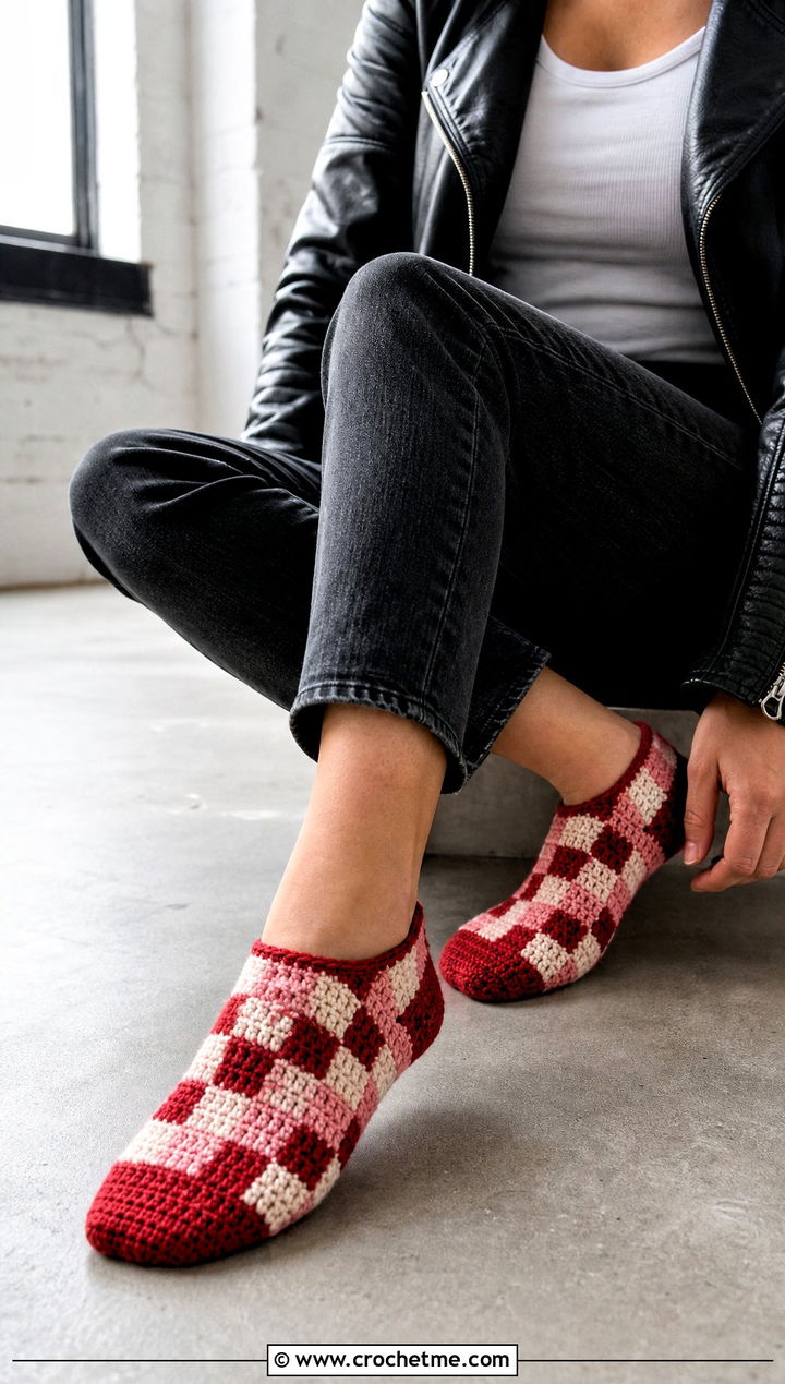 Checkerboard Flat Crochet Socks With Leather Jacket And Black Jeans - 25 flat crochet sock outfit ideas