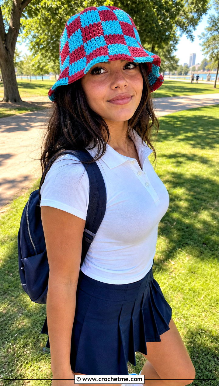 Checkerboard Floppy Crochet Hat With Tennis Skirt - 25 floppy crochet hat outfit ideas