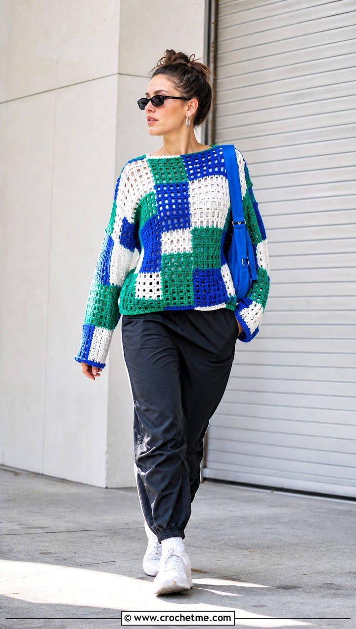 Checkerboard Fragment Sweater With Track Pants - 15 Freeform Crochet Sweater Ideas