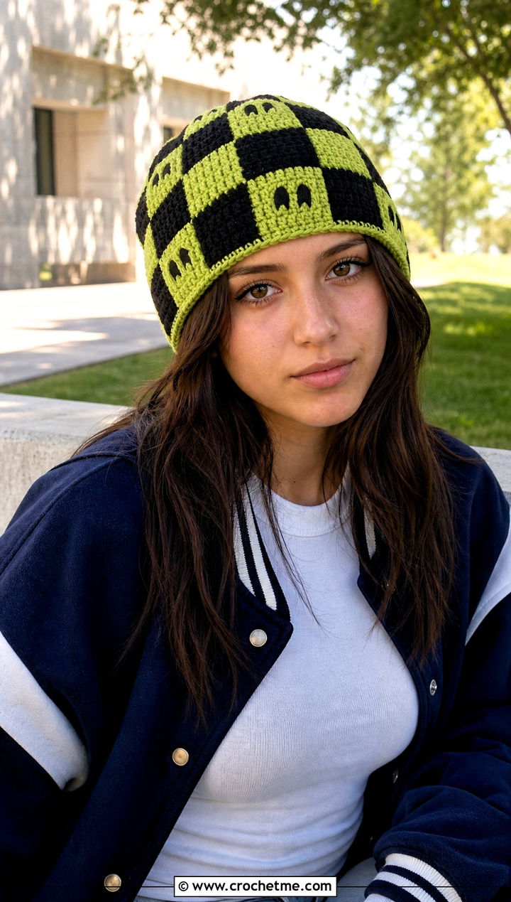Checkerboard Ghost Crochet Beanie With Varsity Jacket - 25 Ghost Crochet Hat outfit ideas