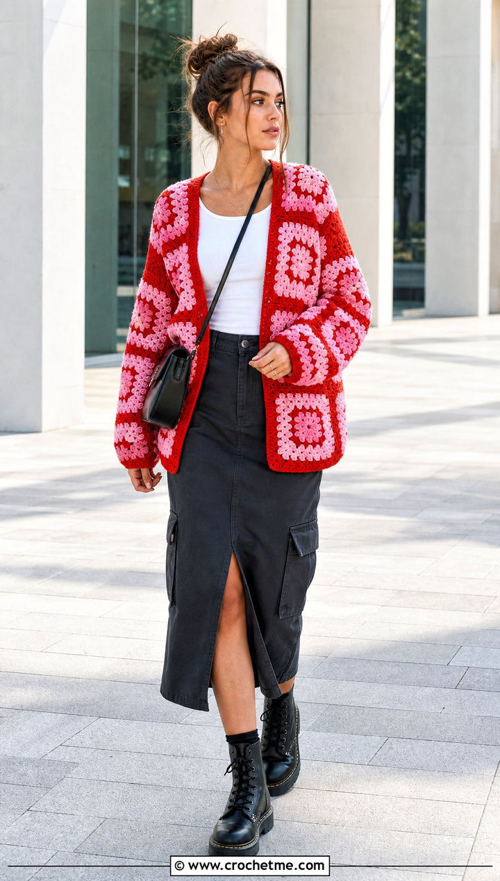 Checkerboard Giant Granny Square Cardigan With Cargo Skirt - 35 giant granny square cardigan outfit ideas
