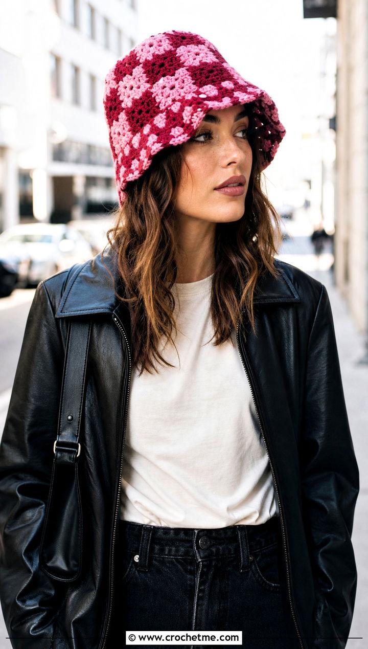 Checkerboard Granny Bucket Hat With Leather Jacket And Black Jeans - 25 granny crochet bucket hat outfit ideas