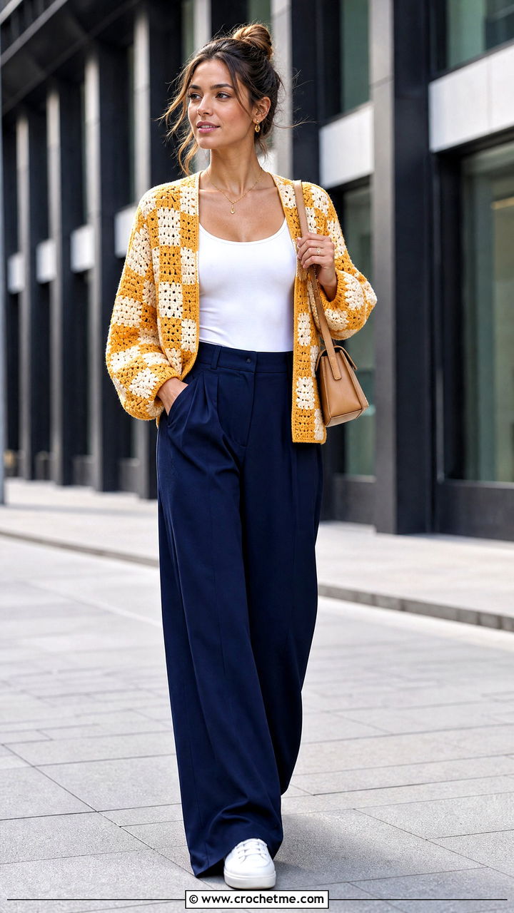 Checkerboard Granny Cardigan With Pleated Trousers - 35 crochet granny cardigan outfit ideas