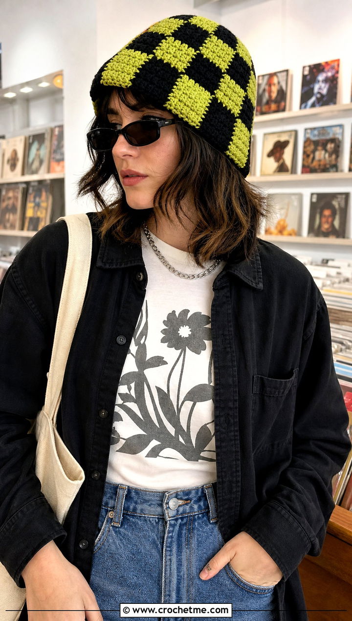 Checkerboard Granny Hat With Graphic Tee - 30 crochet granny hat outfit ideas