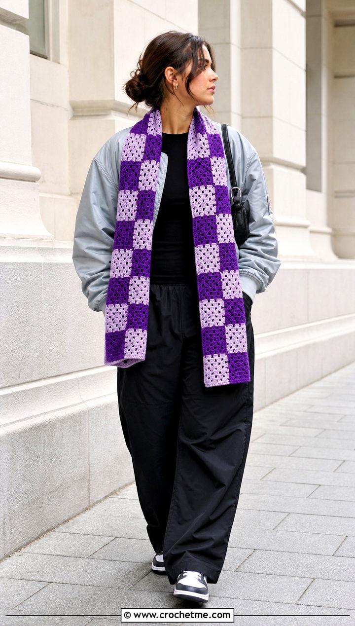 Checkerboard Granny Scarf With Bomber Jacket - 35 granny crochet scarf outfit ideas