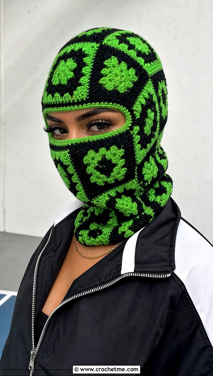 Checkerboard Granny Square Balaclava With Track Jacket - 30 crochet granny square balaclava outfit ideas