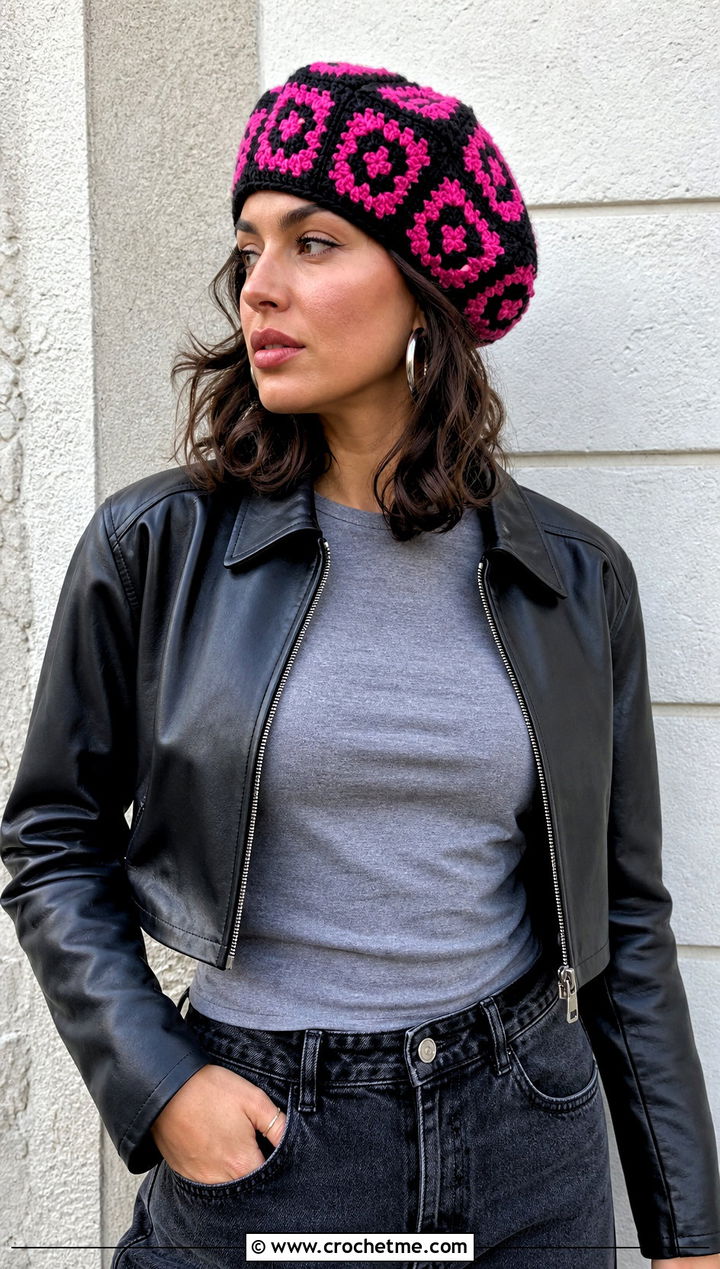 Checkerboard Granny Square Beret With Leather Jacket - 25 Granny Square Beret outfit ideas