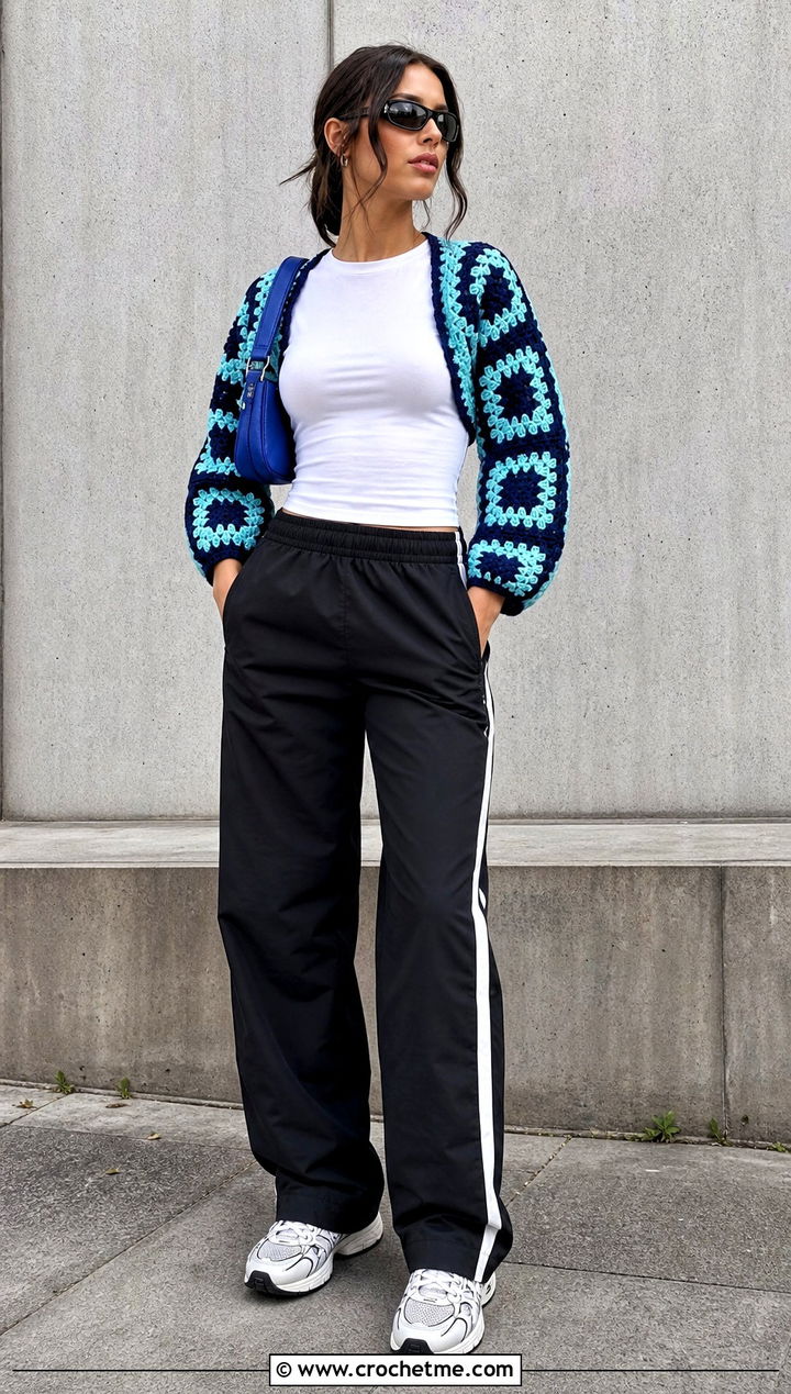 Checkerboard Granny Square Bolero With Track Pants - 35 granny square bolero outfit ideas