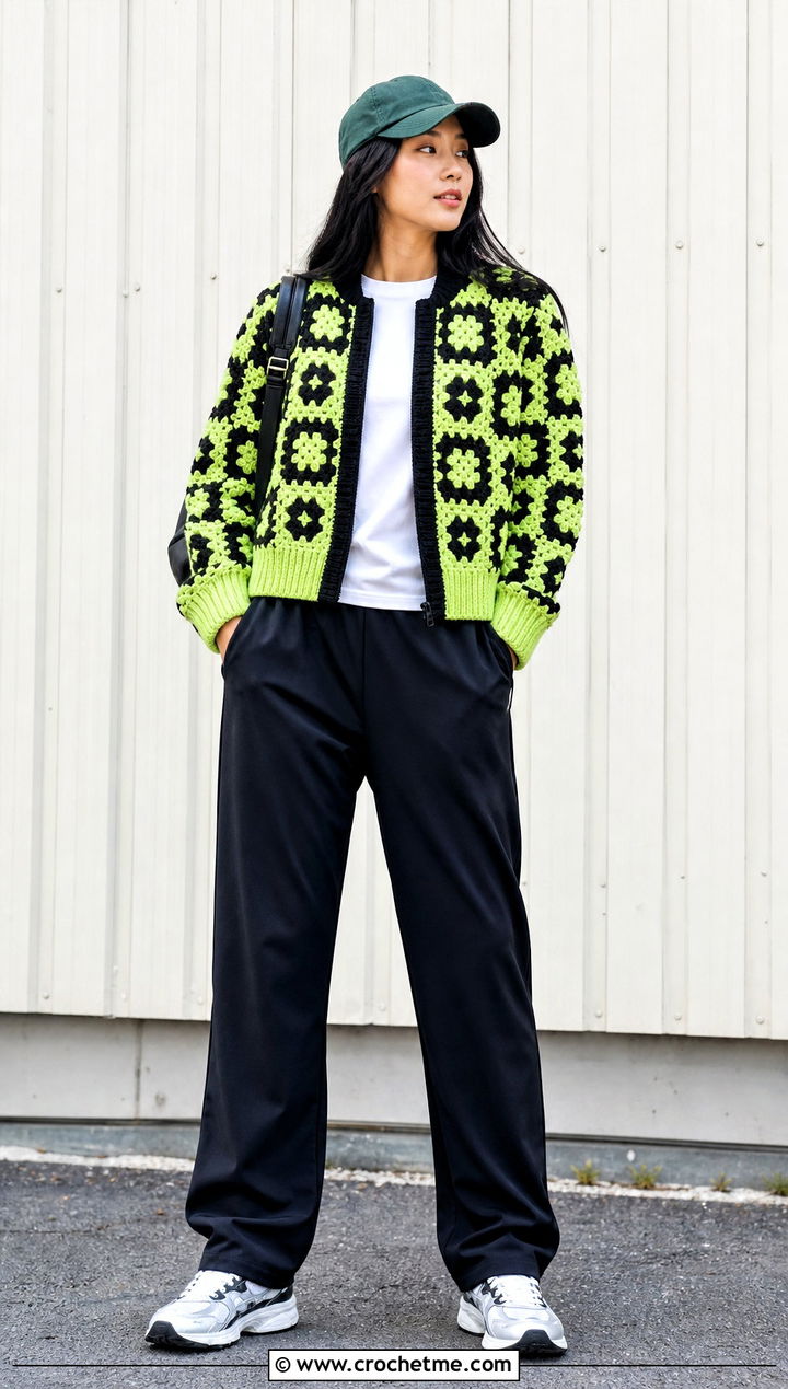 Checkerboard Granny Square Bomber With Track Pants - 35 Granny Square Outfit ideas