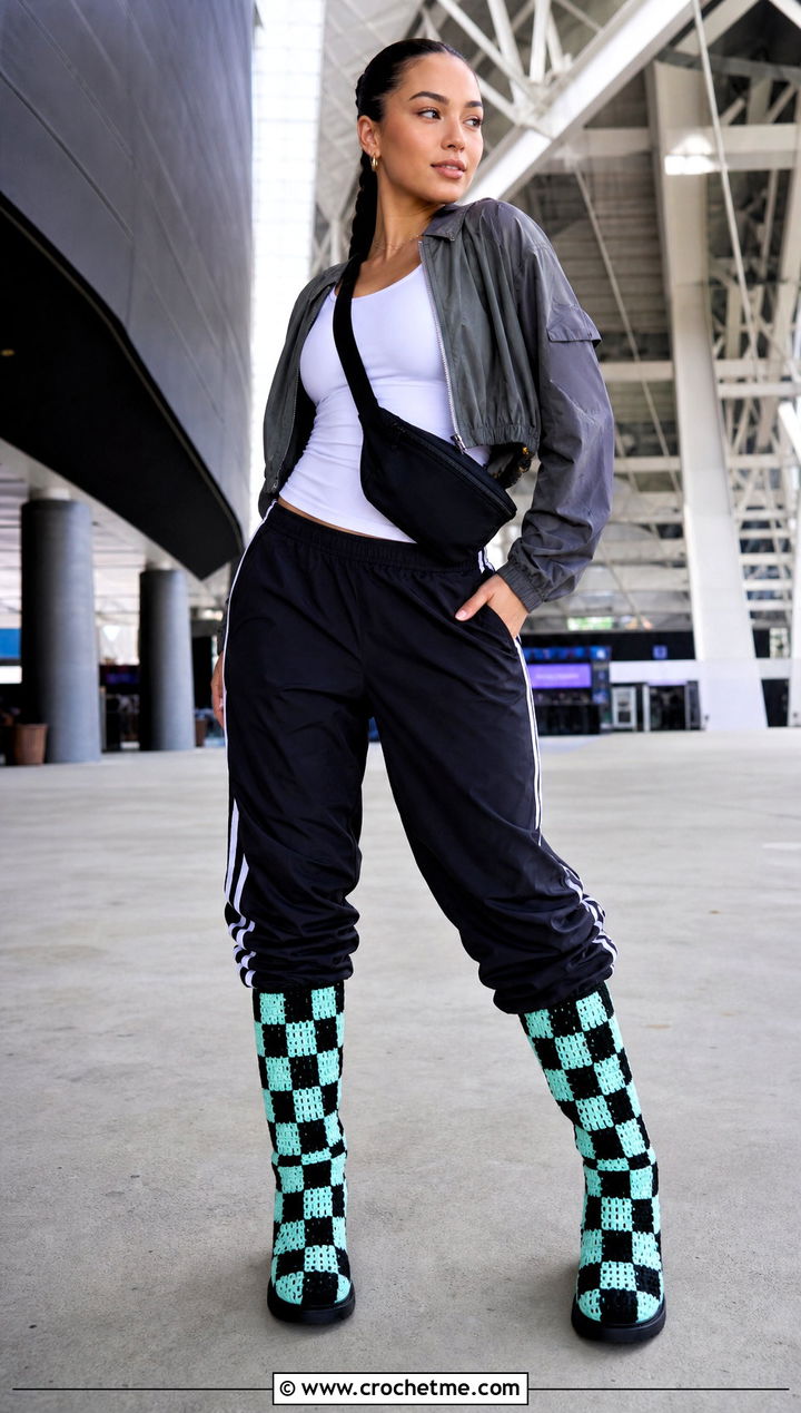 Checkerboard Granny Square Boots With Track Pants - 25 granny square boots outfit ideas