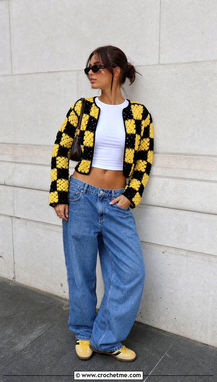 Checkerboard Granny Square Cardigan With Baggy Jeans - 35 Easy Simple Crochet Granny Square Cardigan outfit ideas