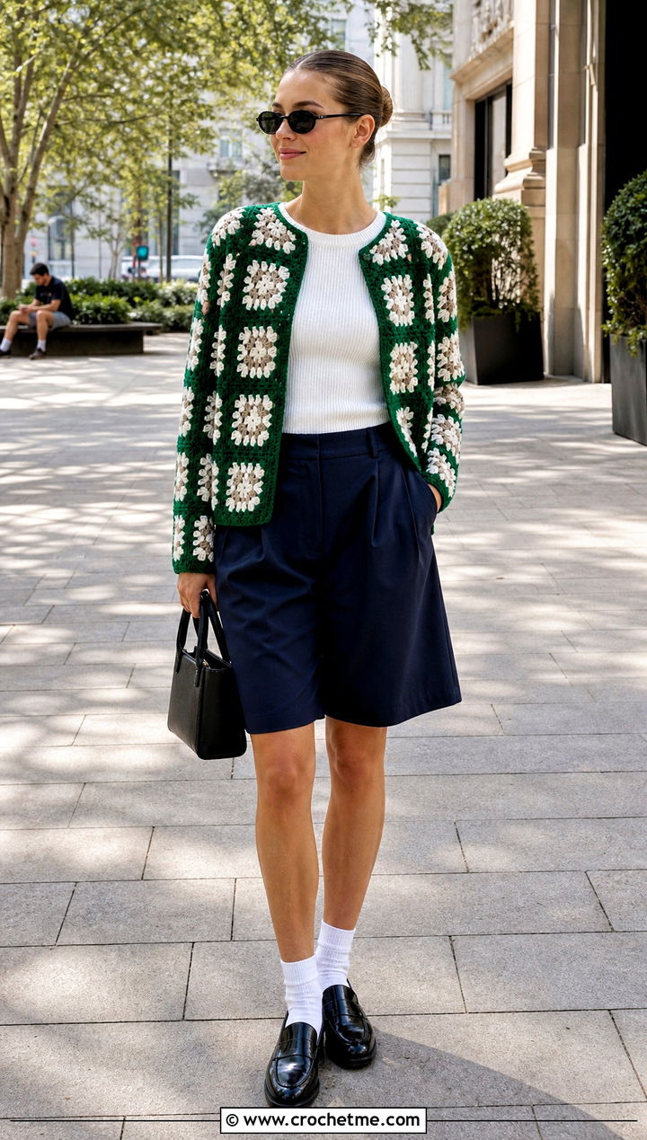 Checkerboard Granny Square Cardigan With Bermuda Shorts - 30 crochet granny squares cardigan outfit ideas