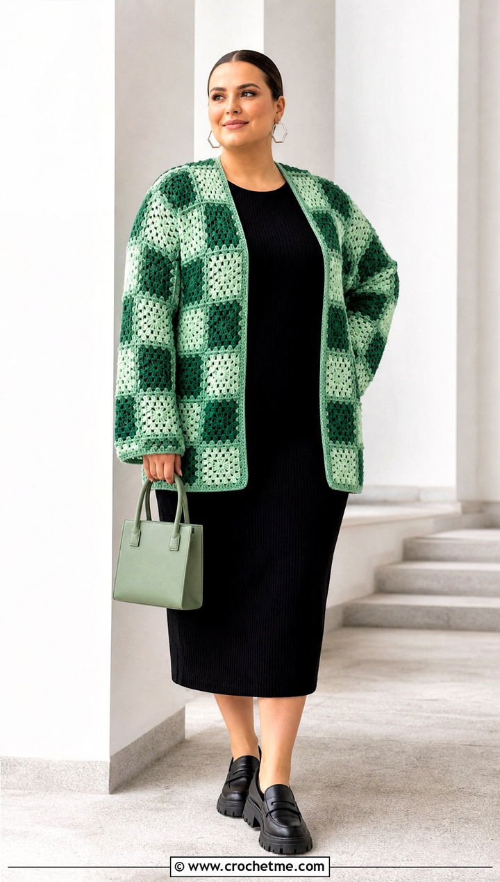 Checkerboard Granny Square Cardigan With Knit Column Dress - 30 plus size crochet granny square cardigan outfit ideas