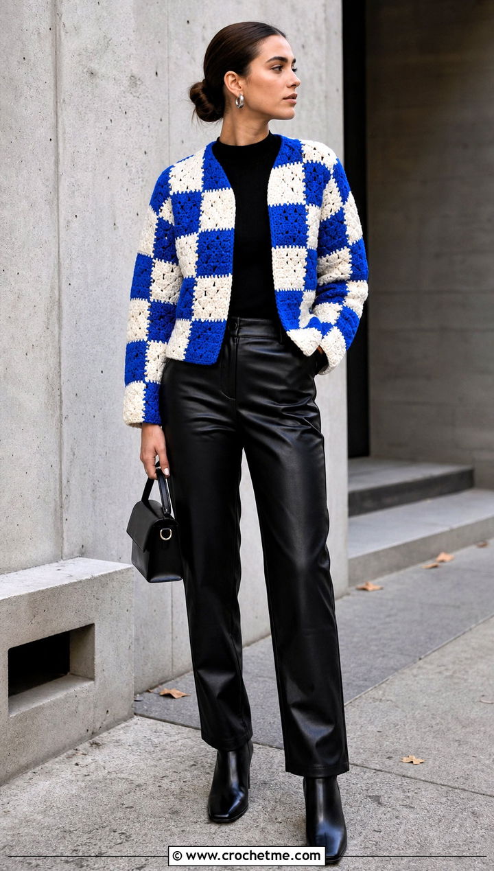 Checkerboard Granny Square Cardigan With Leather Pants - 20 Crochet Fall Granny Square Cardigan outfit ideas