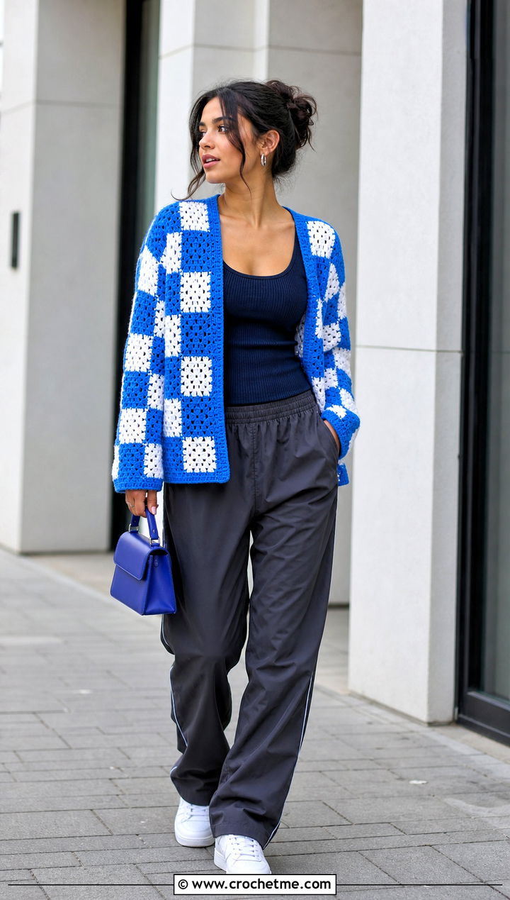 Checkerboard Granny Square Cardigan With Track Pants - 25 Two Granny Square Cardigan outfit ideas