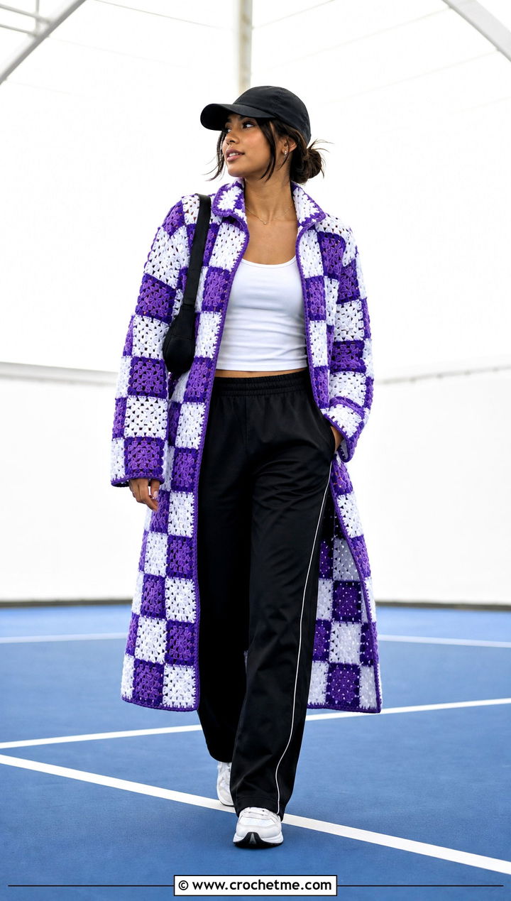 Checkerboard Granny Square Coat With Track Pants - 30 crochet granny square coat outfit ideas