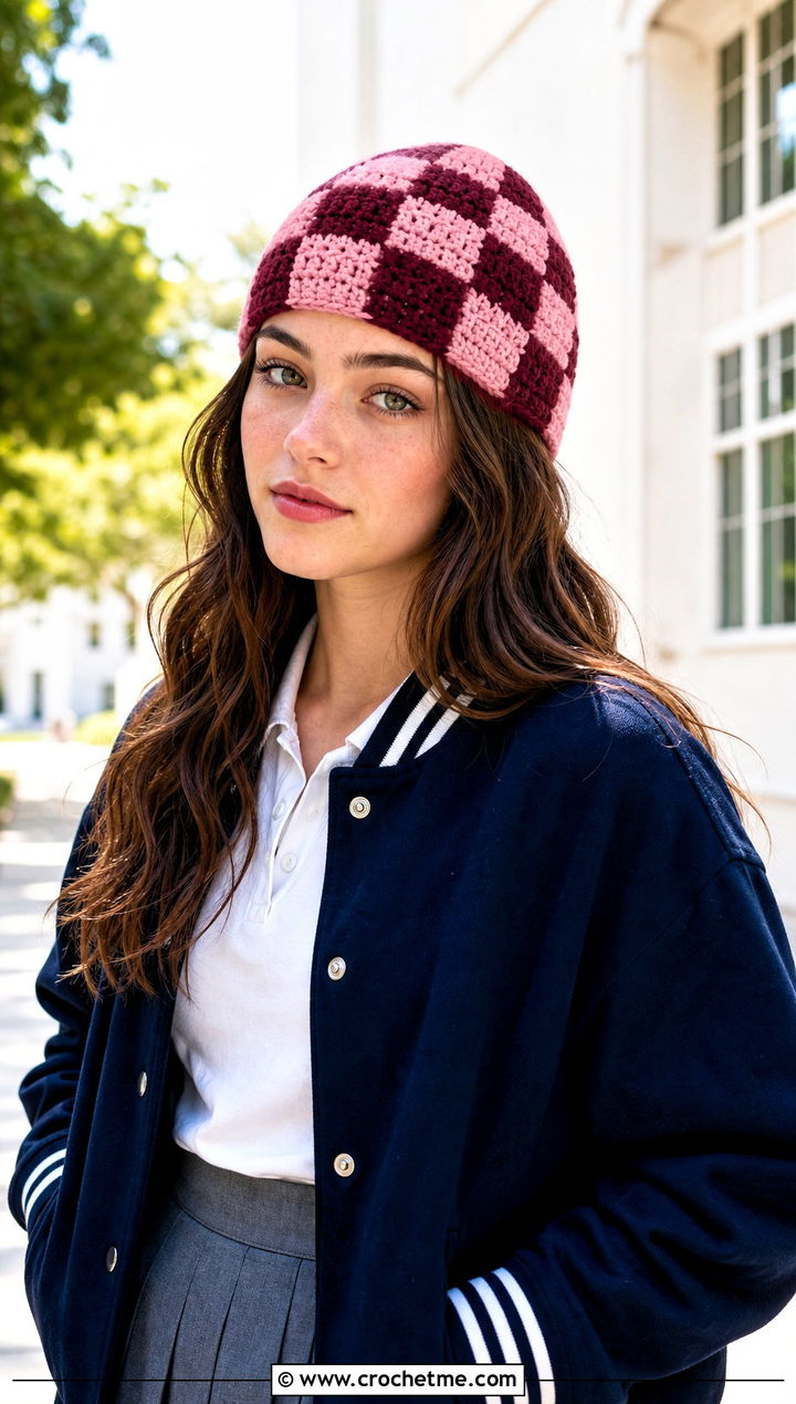 Checkerboard Granny Square Crochet Beanie With Varsity Jacket And Pleated Skirt - 30 granny square crochet beanie outfit ideas