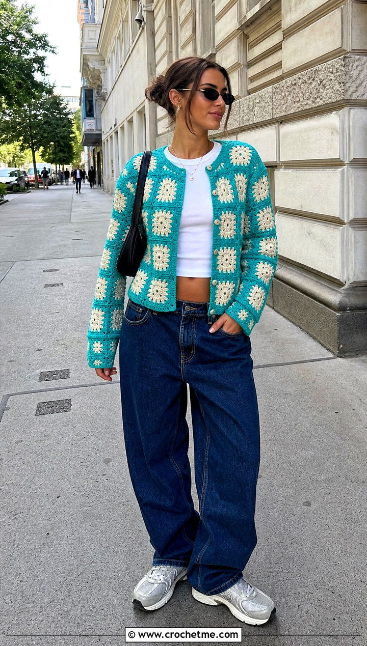 Checkerboard Granny Square Crochet Cardigan With Baggy Jeans - 25 Crochet Cardigan From Square outfit ideas