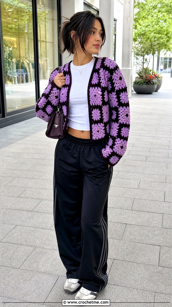 Checkerboard Granny Square Crochet Cardigan With Track Pants - 35 granny square crochet cardigan outfit ideas