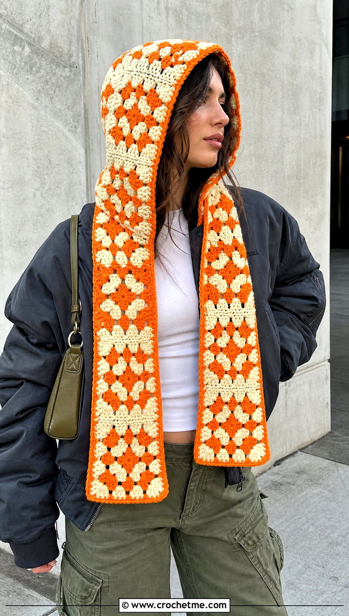 Checkerboard Granny Square Crochet Hooded Scarf With Cargo Pants - 30 Granny Square Crochet Hooded Scarf outfit ideas