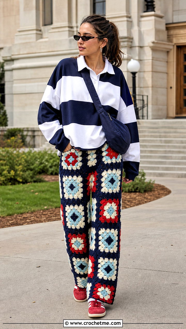 Checkerboard Granny Square Crochet Pants With Rugby Shirt - 25 Granny Square Crochet Pants outfit ideas