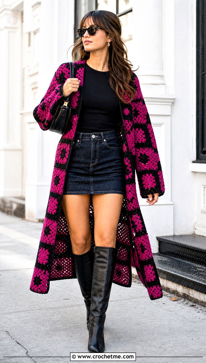 Checkerboard Granny Square Duster With Mini Skirt - 35 granny square duster outfit ideas