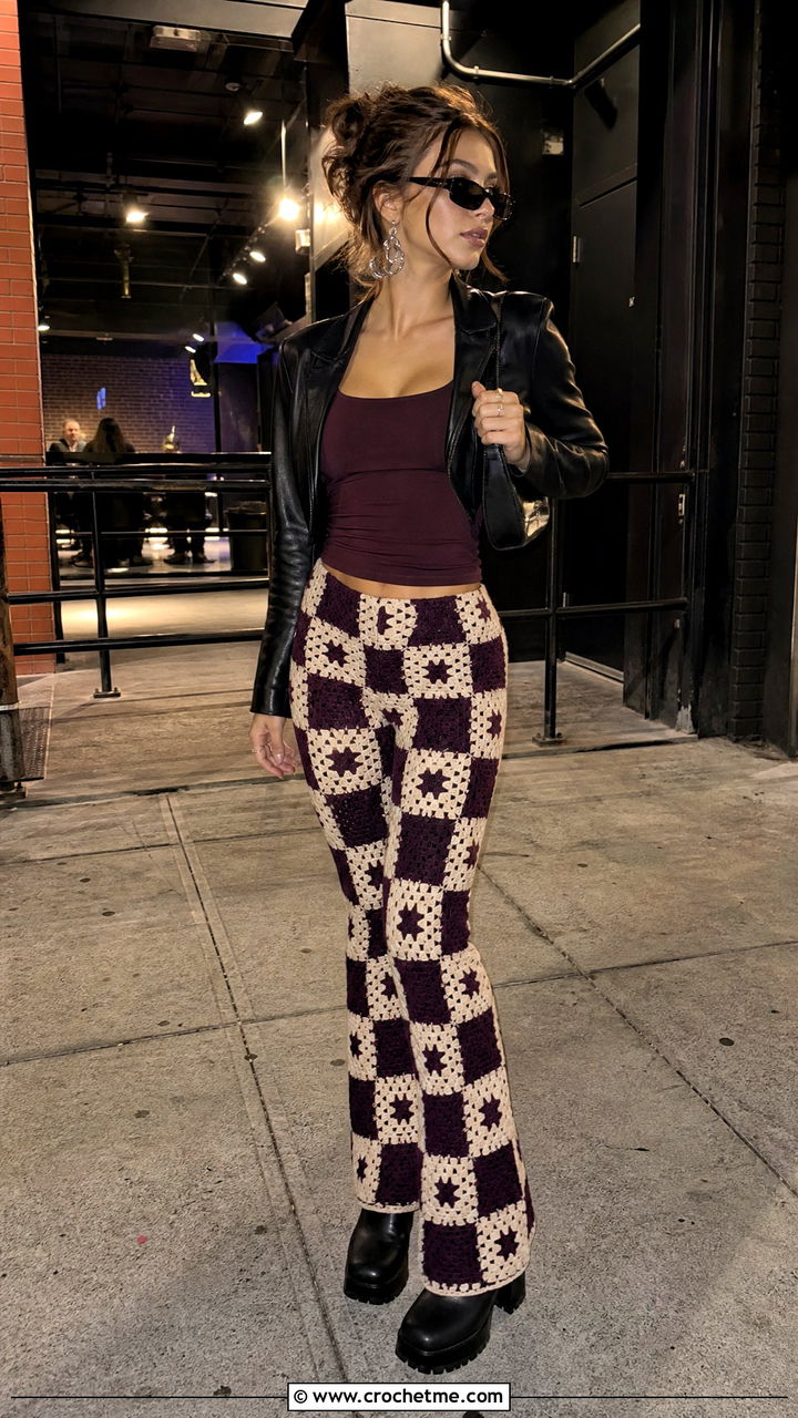 Checkerboard Granny Square Flare Pants With Leather Jacket And Boots - 35 crochet granny square pants outfit ideas