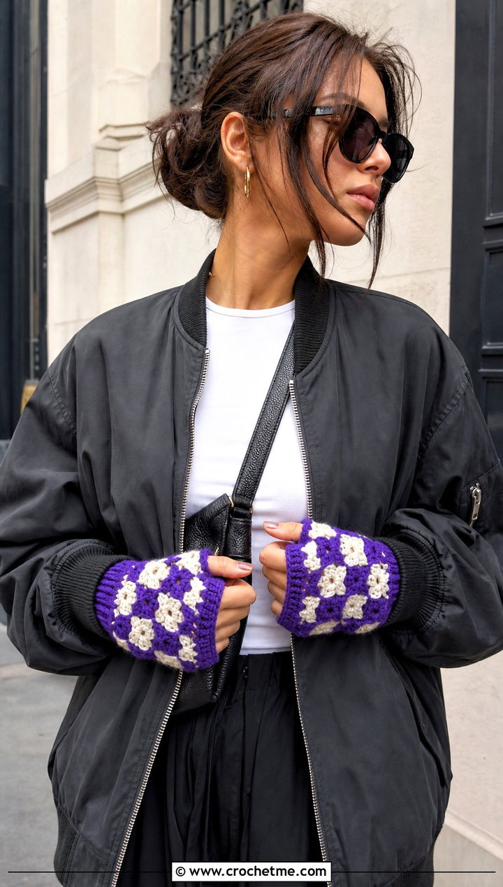 Checkerboard Granny Square Gloves With Streetwear Outfit - 20 Fingerless Granny Square Gloves outfit ideas