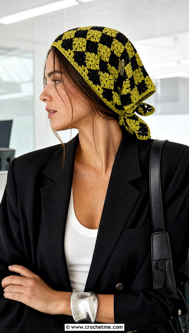 Checkerboard Granny Square Hair Scarf With Blazer And Trousers - 25 granny square hair scarf outfit ideas