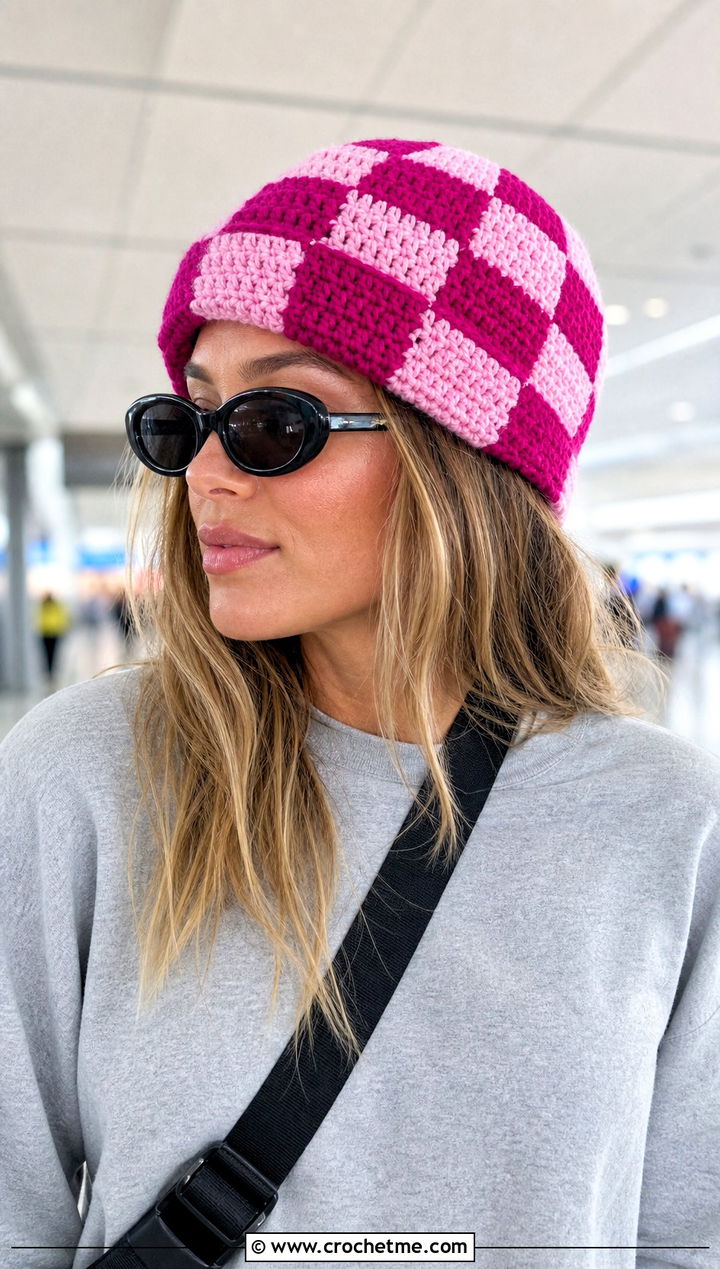 Checkerboard Granny Square Hat With Matching Set - 25 Easy Crochet Granny Square Hats outfit ideas