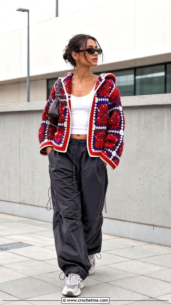 Checkerboard Granny Square Hoodie With Parachute Pants - 35 granny square hoodie outfit ideas