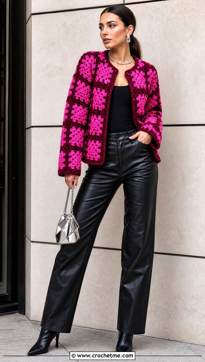 Checkerboard Granny Square Jacket With Leather Pants - 30 crochet granny square jacket outfit ideas