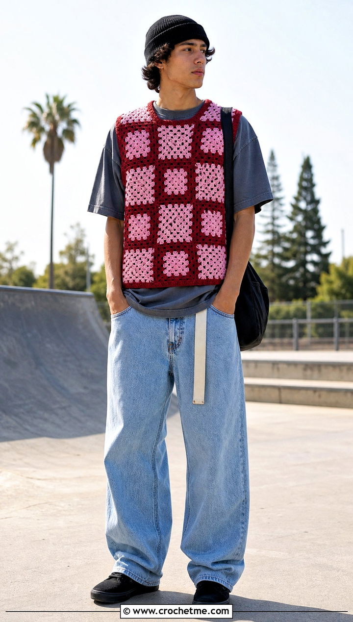 Checkerboard Granny Square Mens Vest With Skatewear - 25 crochet granny square mens vest outfit ideas
