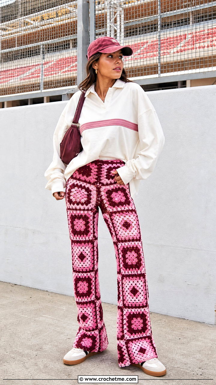 Checkerboard Granny Square Pants With Rugby Shirt - 35 granny square pants outfit ideas