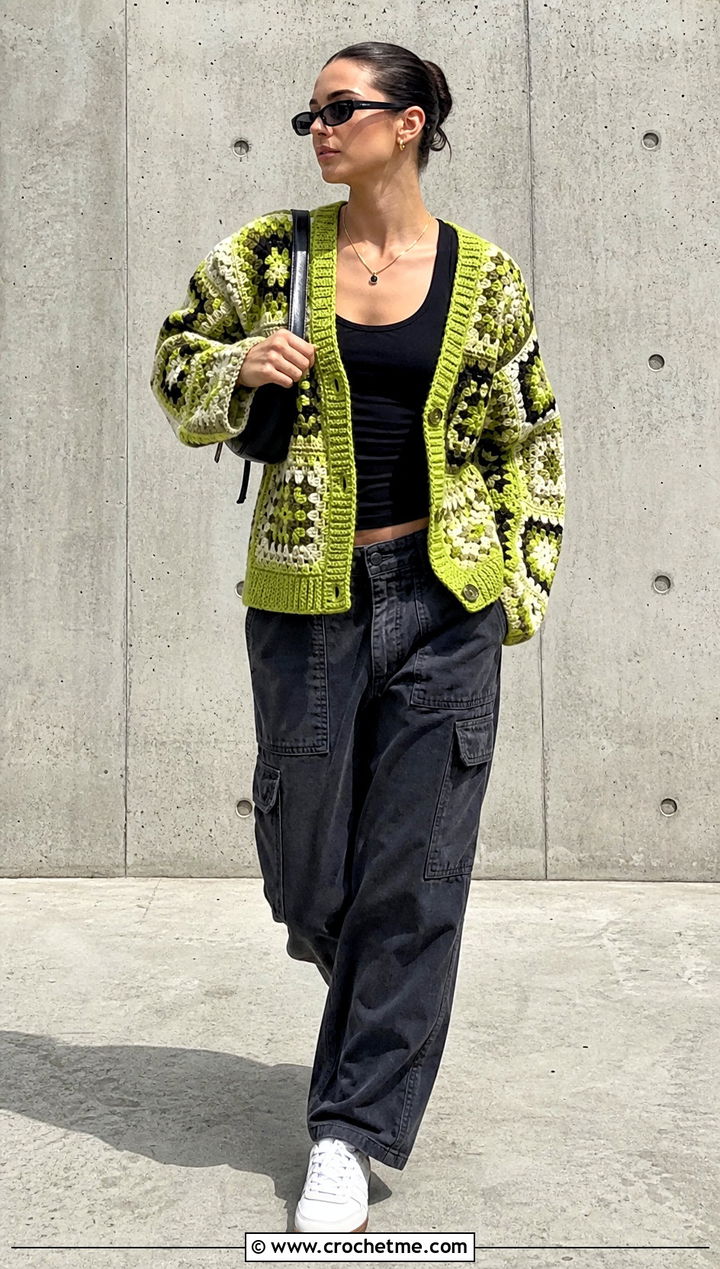 Checkerboard Granny Square Patchwork Cardigan With Cargo Pants - 30 Granny Square Patchwork Cardigan outfit ideas