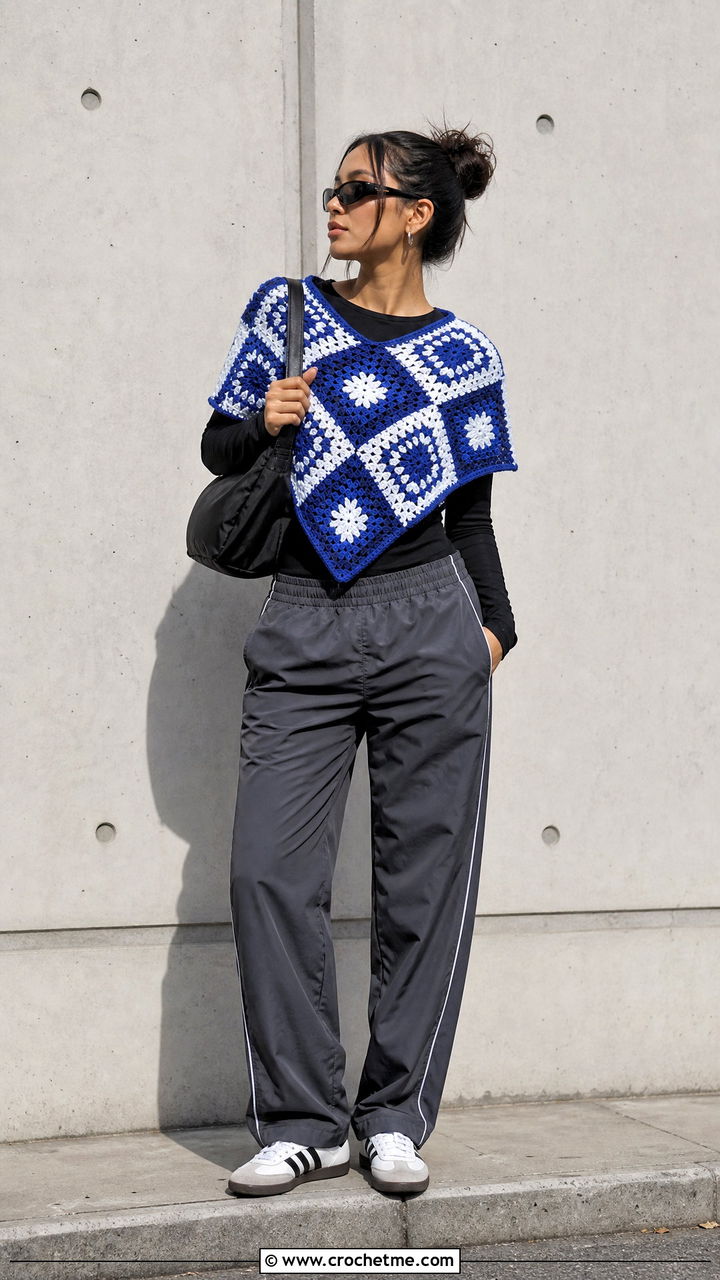 Checkerboard Granny Square Poncho With Track Pants - 35 crochet granny square poncho outfit ideas