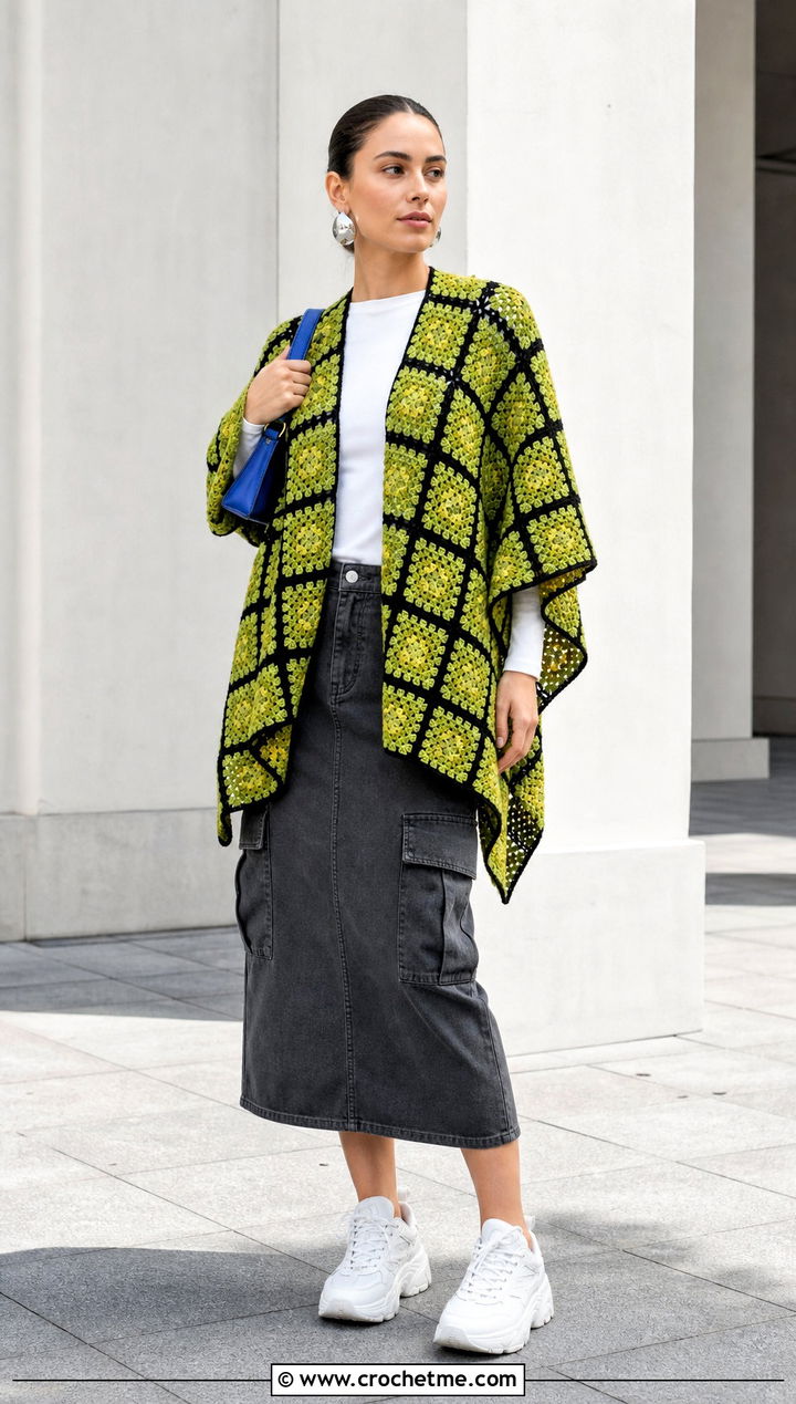 Checkerboard Granny Square Ruana With Cargo Skirt - 25 Granny Square Ruana outfit ideas