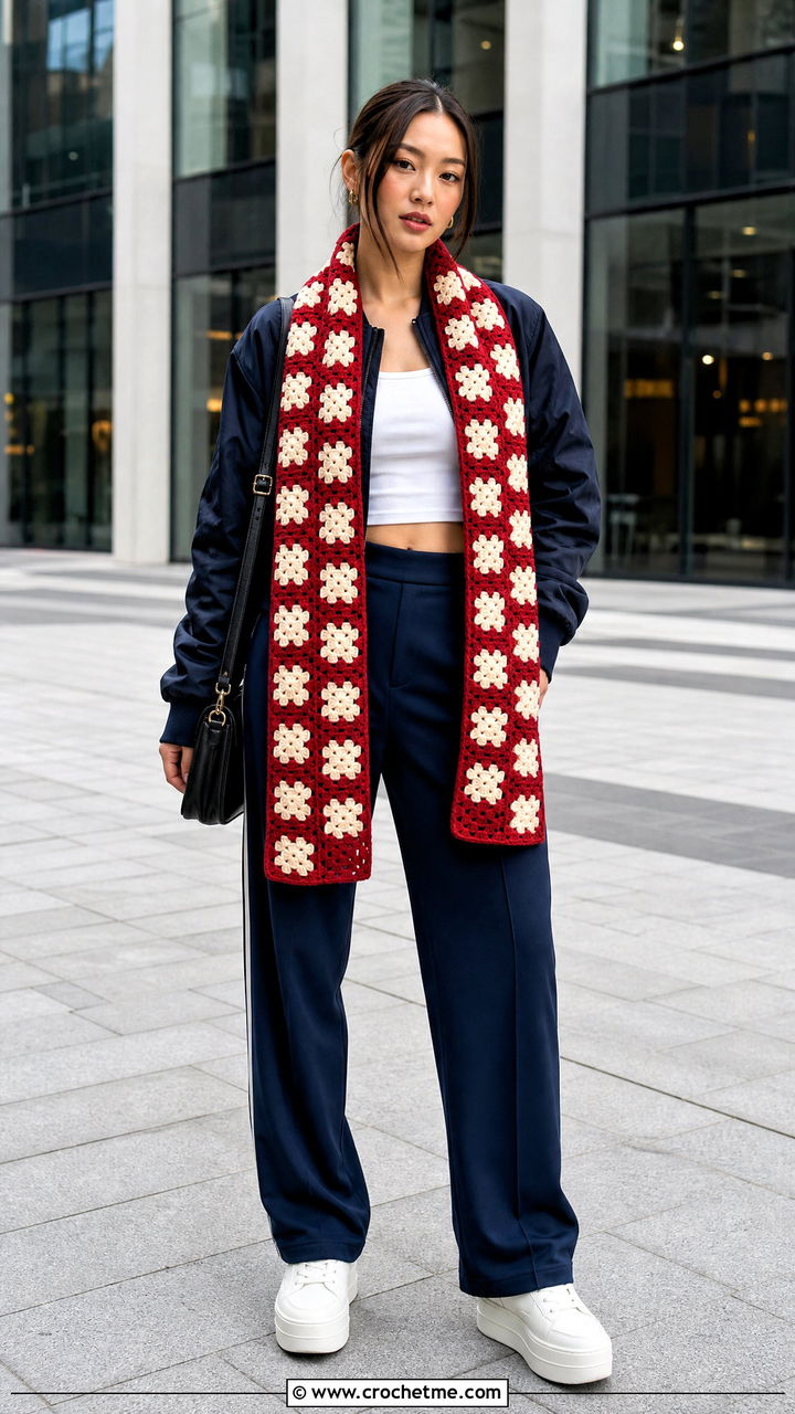 Checkerboard Granny Square Scarf With Bomber Jacket And Track Pants - 35 granny square scarf outfit ideas