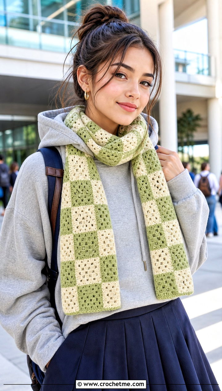 Checkerboard Granny Square Scarf With Hoodie And Pleated Skirt - 30 crochet scarf squares outfit ideas