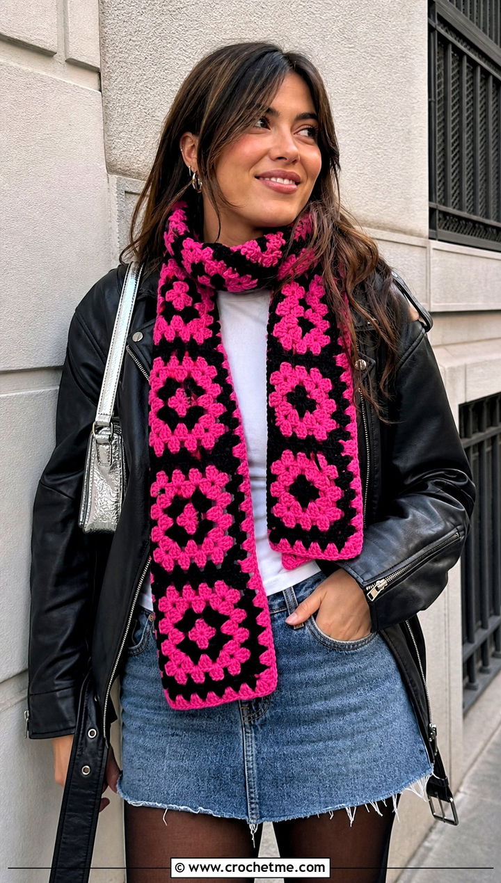 Checkerboard Granny Square Scarf With Leather Jacket And Mini Skirt - 30 crochet granny square scarf outfit ideas