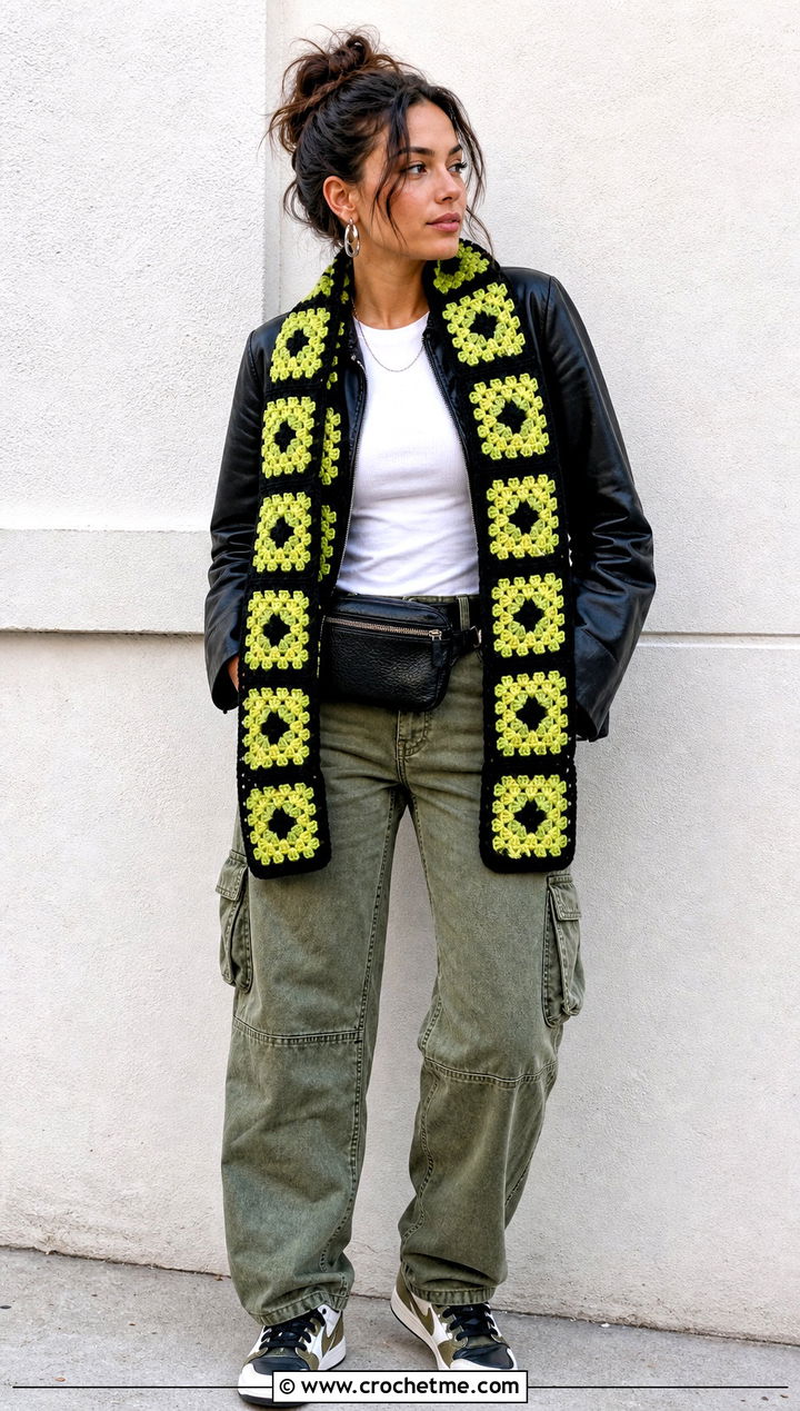 Checkerboard Granny Square Scarf With Leather Jacket and Cargo Pants - 25 granny square scarves outfit ideas