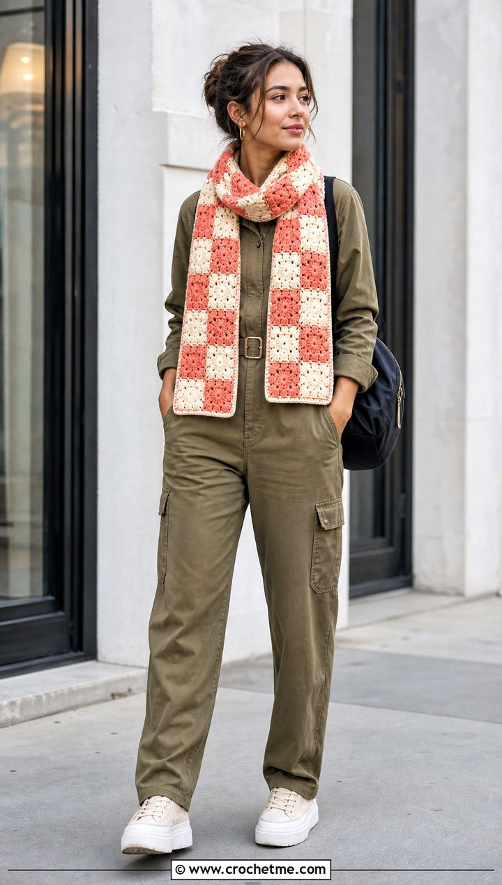 Checkerboard Granny Square Scarf With Utility Jumpsuit And Sneakers - 35 granny square crochet scarf outfit ideas