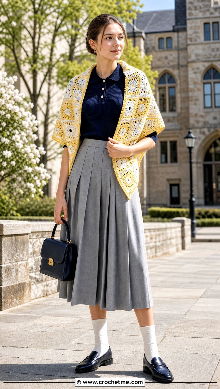 Checkerboard Granny Square Shawl With Pleated Skirt And Loafers - 35 granny square shawl outfit ideas