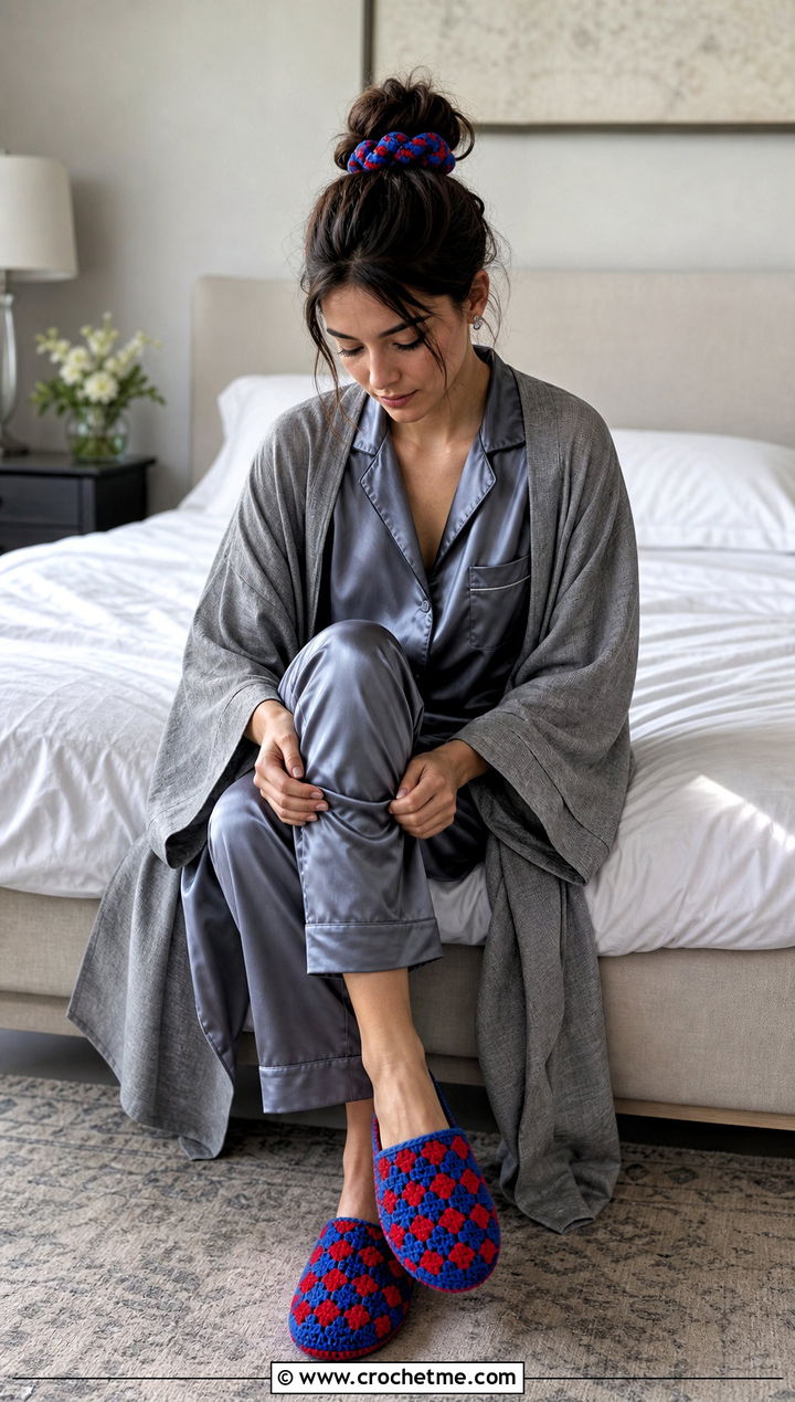 Checkerboard Granny Square Slippers With Satin Pajamas - 20 Easy Granny Square Crochet Slippers outfit ideas