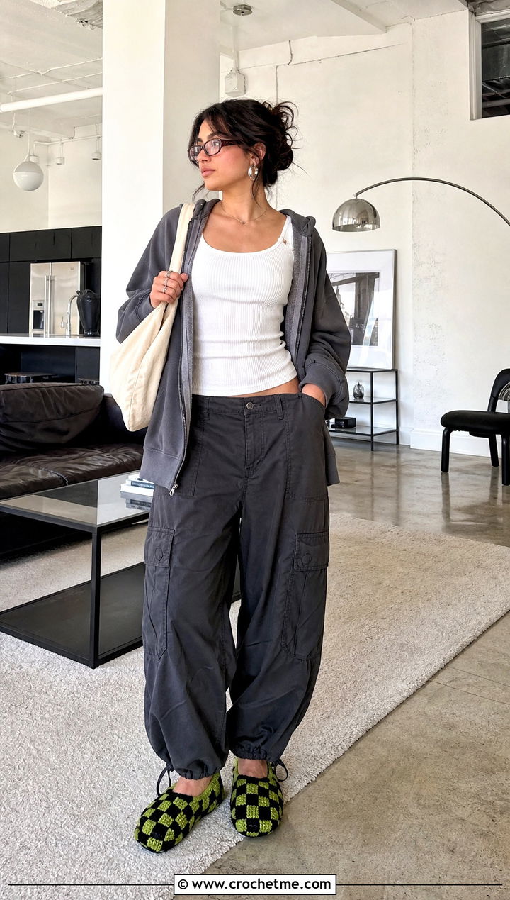 Checkerboard Granny Square Slippers With Streetwear Outfit - 35 granny square slippers outfit ideas