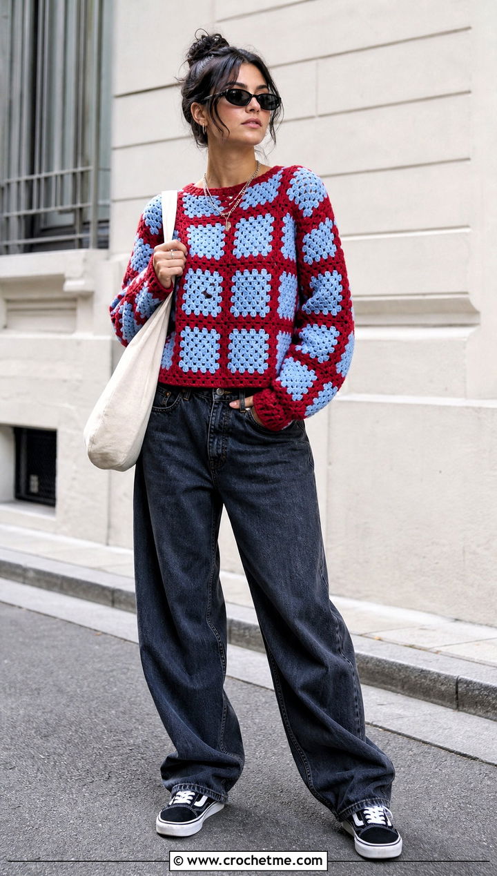 Checkerboard Granny Square Sweater With Baggy Jeans - 25 Granny Squares Sweater outfit ideas