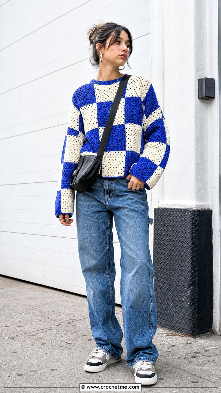Checkerboard Granny Square Sweater With Carpenter Jeans - 35 4 Granny Square Sweater outfit ideas